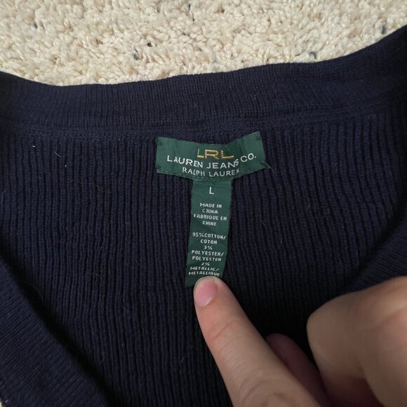 Lauren Ralph Lauren Women’s Sweater Large Navy Blue Gold Striped Shiny Pullover - Picture 6 of 12